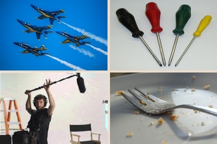 Clockwise from top left: 4 jets; 4 screwdrivers, 1 fork, man holding boom mic